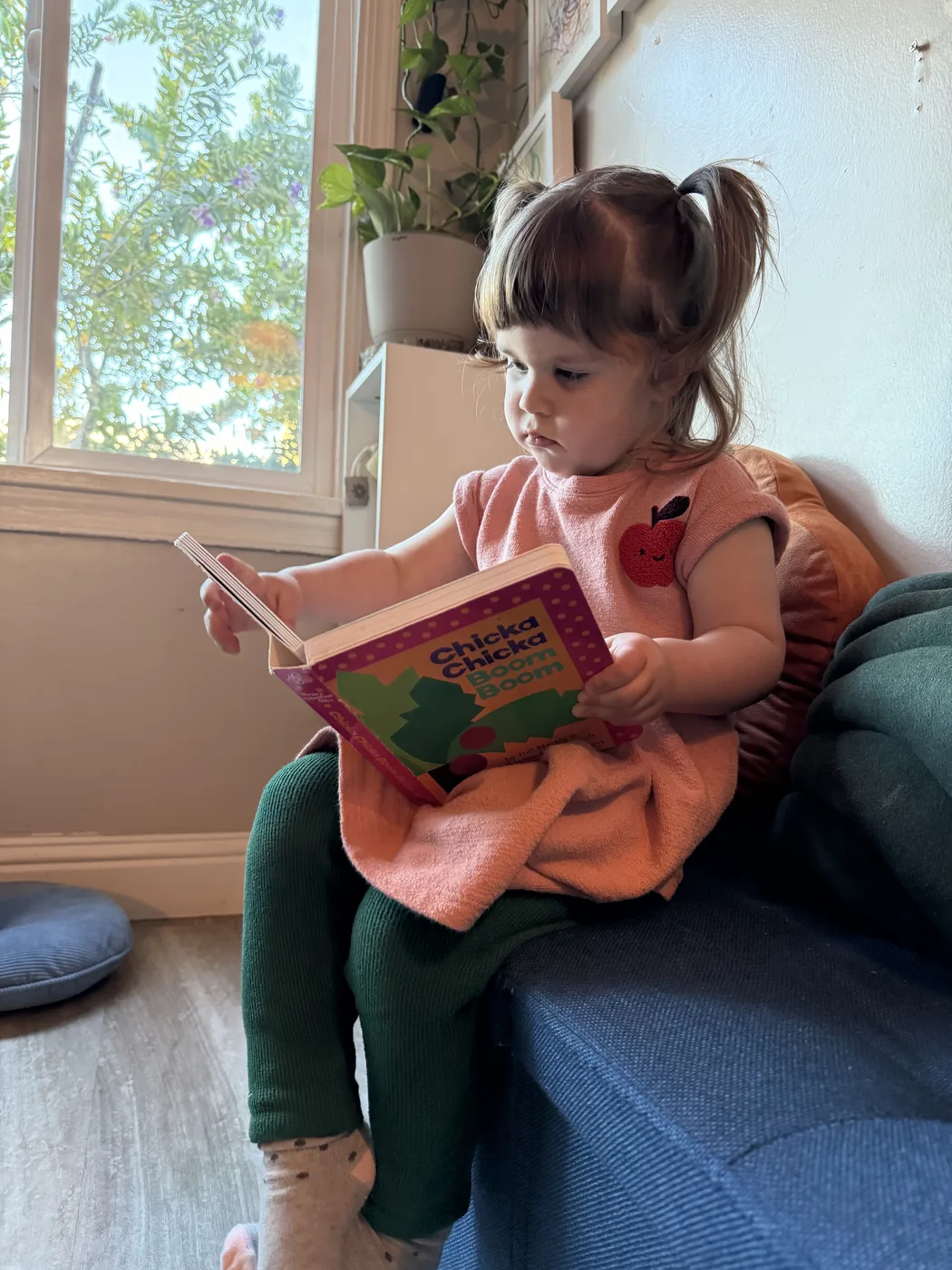 A toddler reading a picture book on the couch by a sunny window